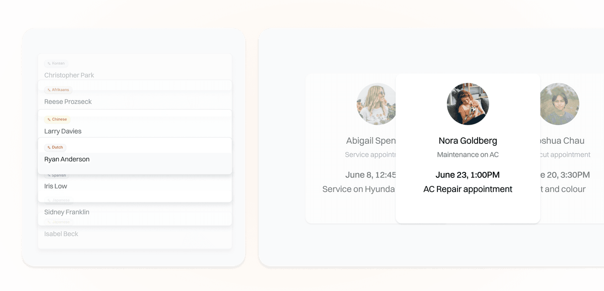 Podium's voice agent testing dashboard showing multi-language support capabilities with performance metrics across different languages and accents